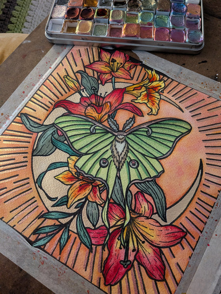 Framed Watercolor Original: Luna Moth & Moon